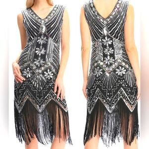 1920s Gatsby Flapper Gothic Black and Silver Sequins Dress Size S*